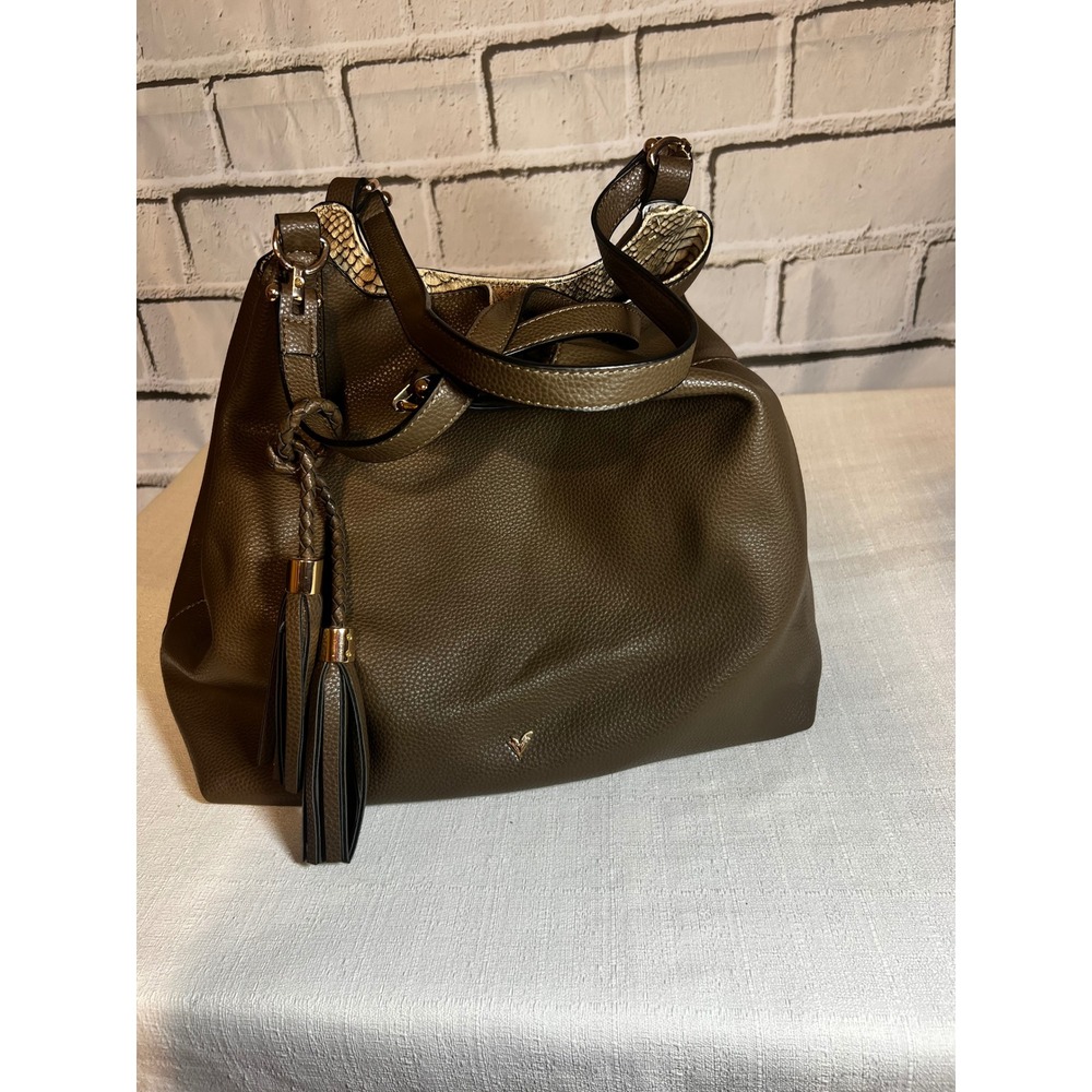 Lily & Ivy Olive Green Pebbled Vegan Leather Hobo Bag Snakeskin Lining Tassels